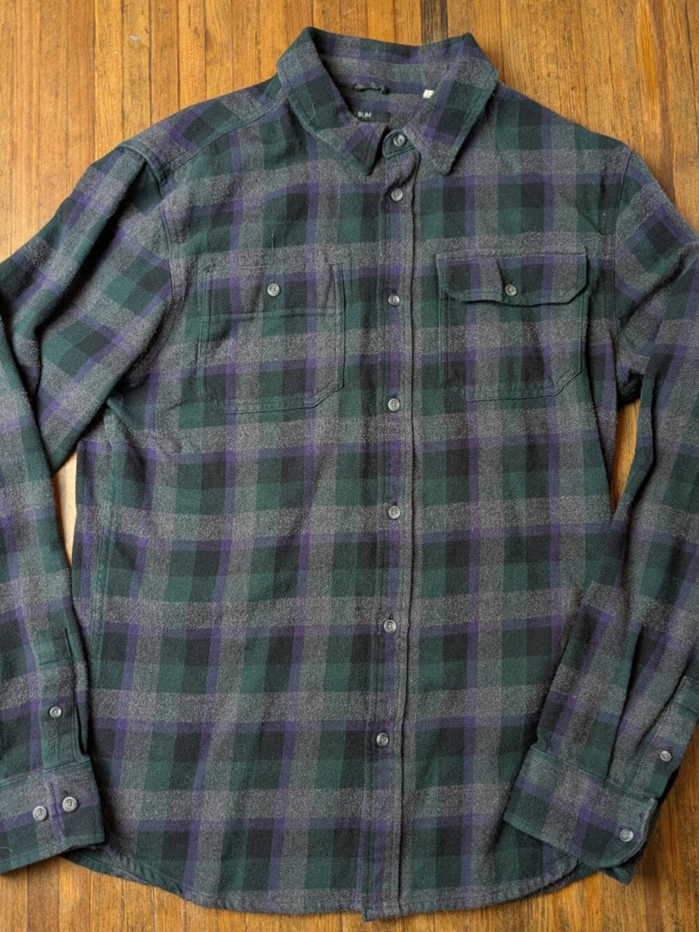 prAna Men’s Medium Slim Fit Green Gray Purple Plaid Flannel Shirt